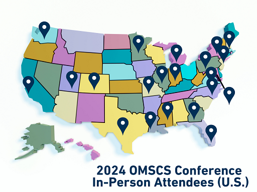 United States map with pins on each state represented by conference attendees