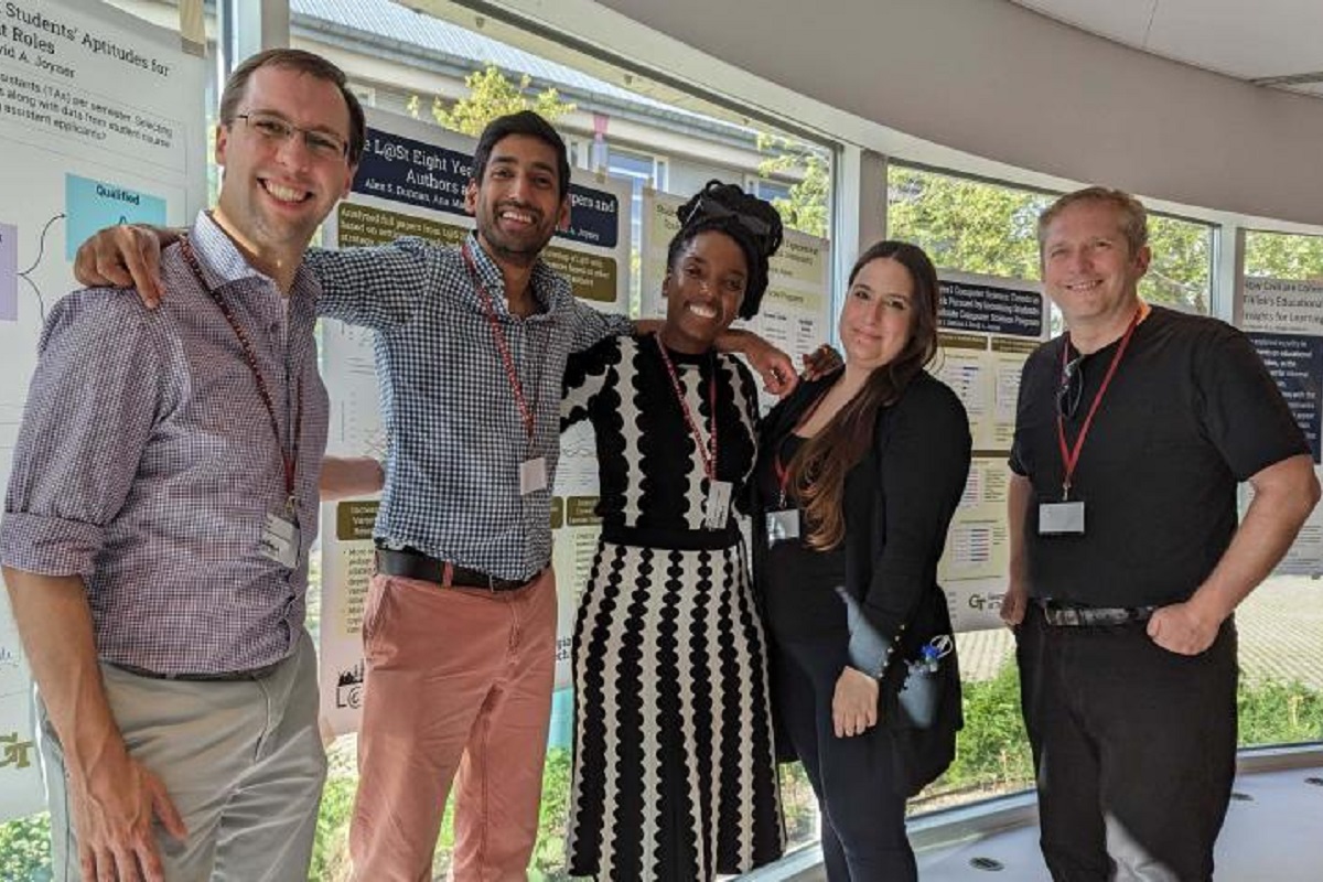 David Joyner, Alex Duncan, India Irish, Ana Rusch, and Thad Starner standing in front of their posters at Learning @ Scale 2023