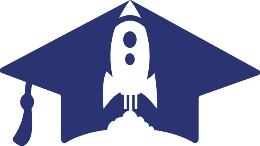 Graphic depicting a graduation cap with a rocketship in the center