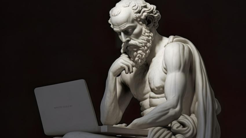 Statue of Socrates with a laptop on his lap