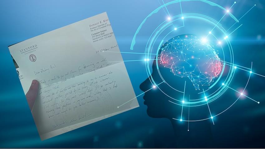Handwritten letter from Donald Knuth and graphic of a human brain