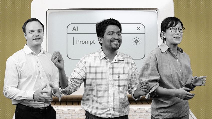 Three researchers standing in front of a large computer monitor