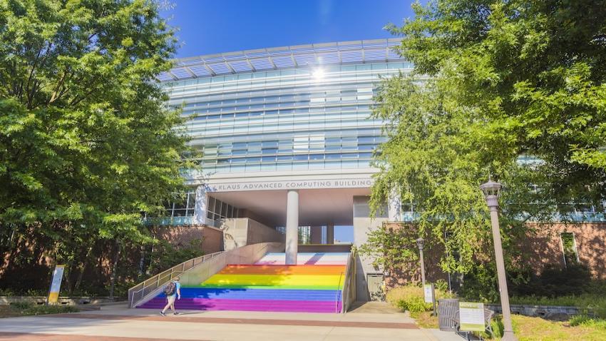 Rainbow stairs outside Klaus building at Georgia Tech