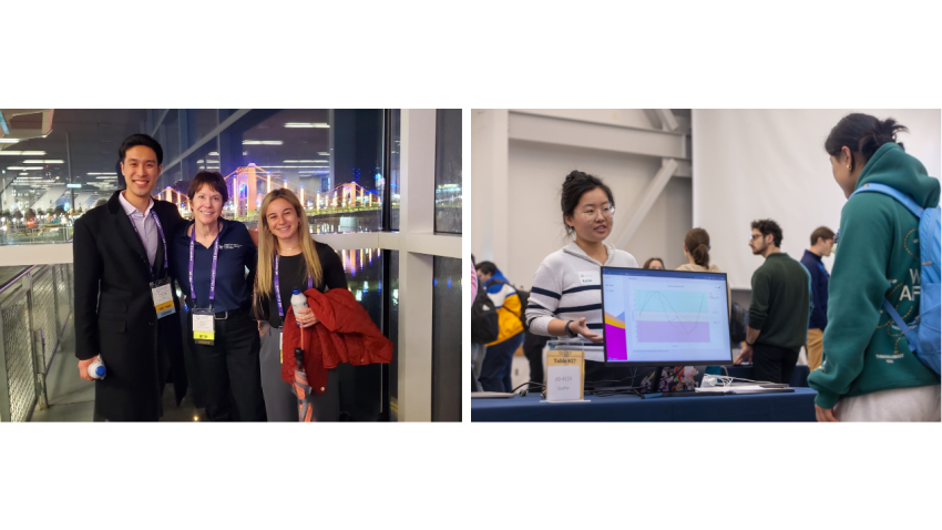 Two SIGCSE photos, one of 3 people posing for a photo, another of someone standing at a computer monitor talking to someone else