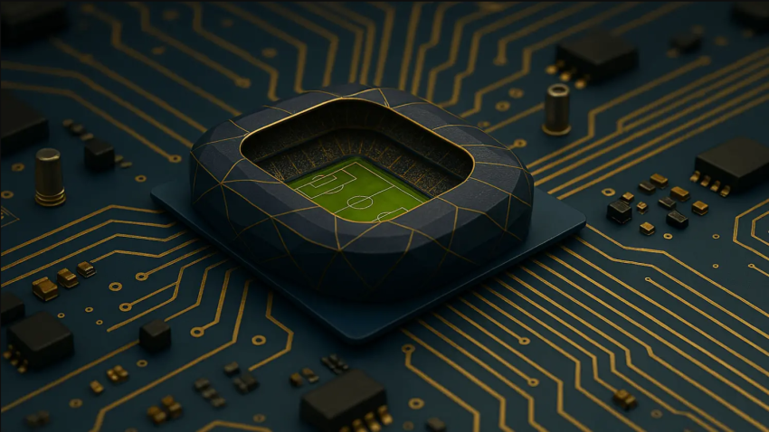 Close-up of a computer chip with a soccer field embedded in it