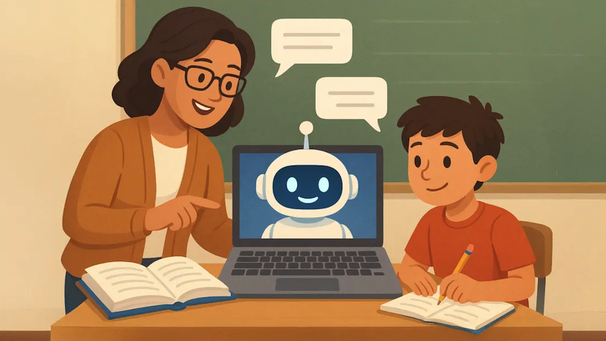 Animated graphic of a teacher and a student looking at a laptop, which is displaying a robot