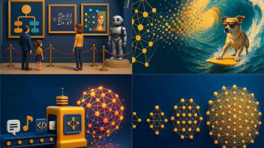 AI generated animated images, including people looking at art in a museum, a dog in sunglasses surfing, items on a conveyor belt, and a network of interconnected nodes