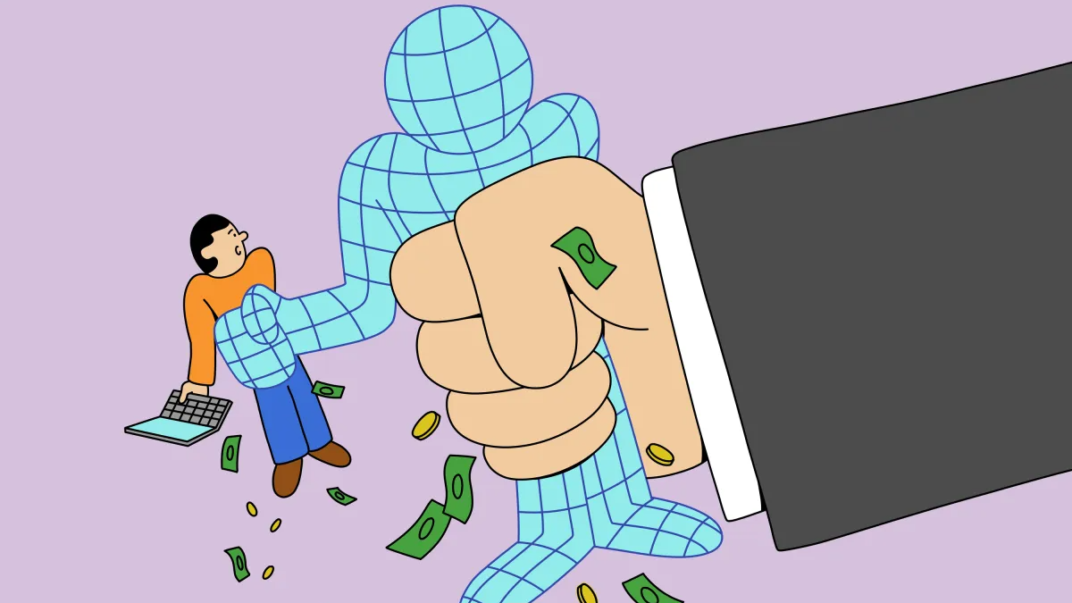 Cartoon of a fist squeezing a person, who is in turn squeezing another person, who is holding a laptop. Money is flying around