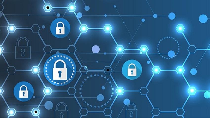 Graphic showing connected nodes surrounding padlocks